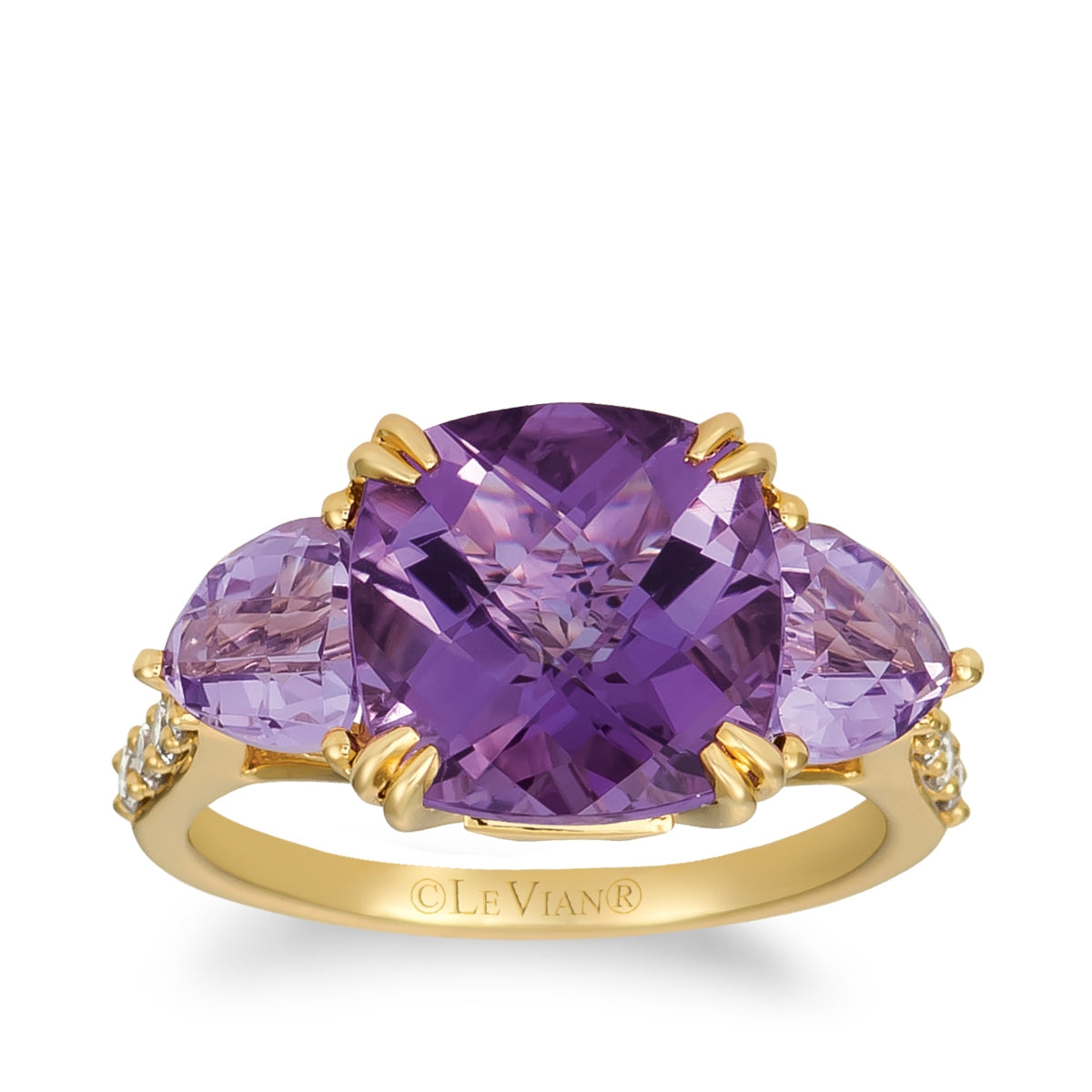 Le Vian Cushion Grape Amethyst & Trillion Cotton Candy Amethyst & 1/3 ct. tw. Nude Diamond Ring in 14K Honey Gold