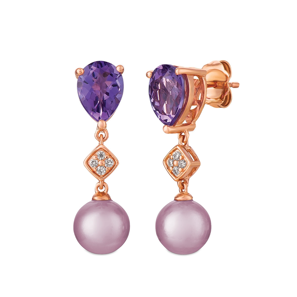 Le Vian Pear Grape Amethyst & Strawberry Pearl & Vanilla Diamond Accent Dangle Earrings in 14K Strawberry Gold