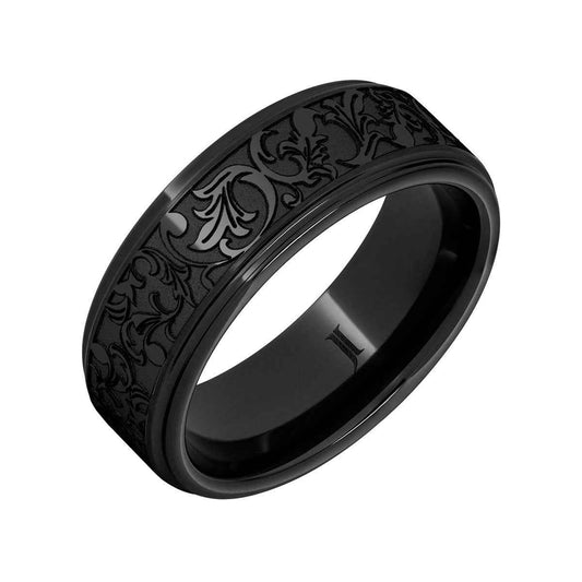 Men's 8mm Western Heritage Engraved Wedding Ring in Black Ceramic front view
