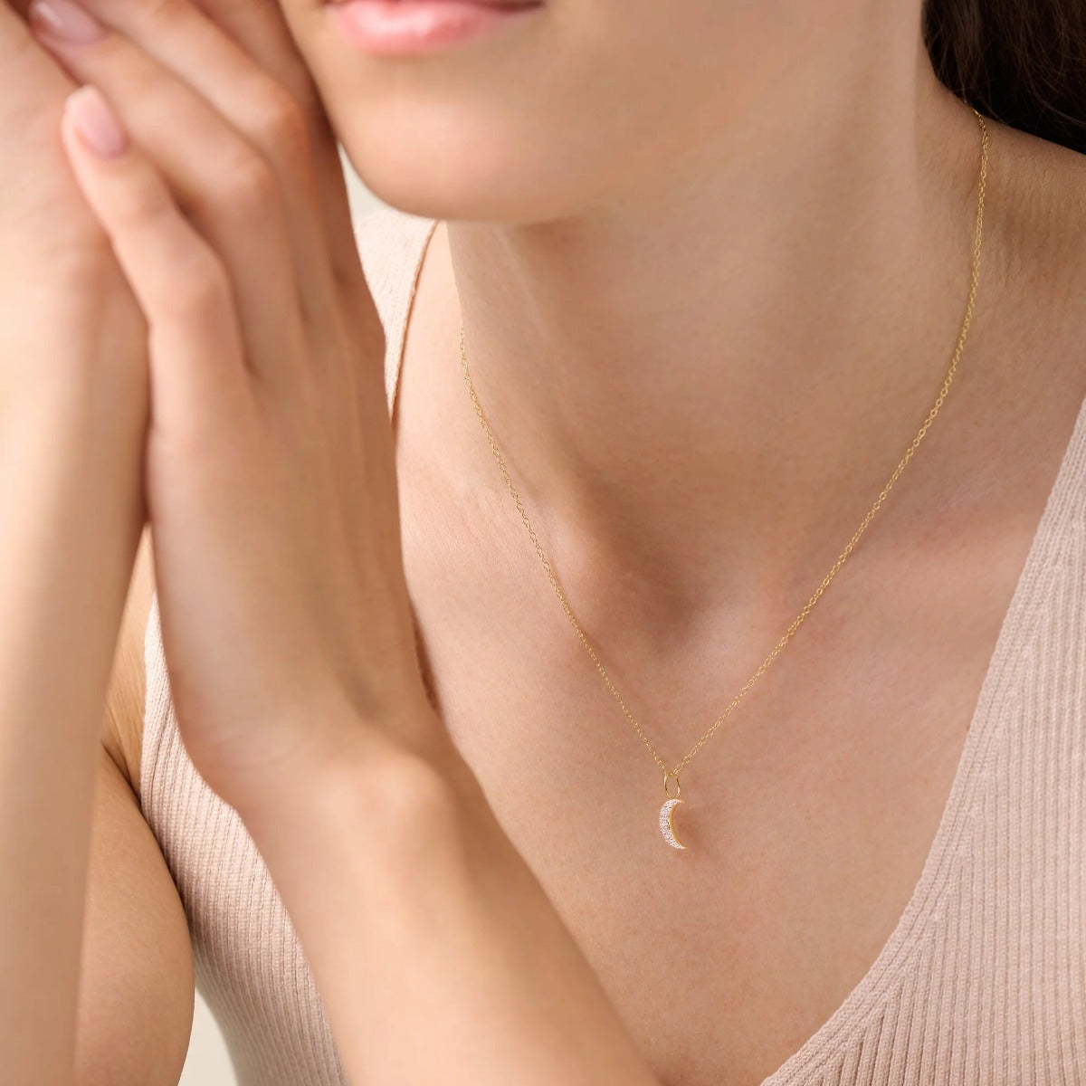 M by Monte Luna 1/10 ct. tw. Lab-Grown Diamond Moon Pendant in 14K Yellow Gold Plated Sterling Silver front view