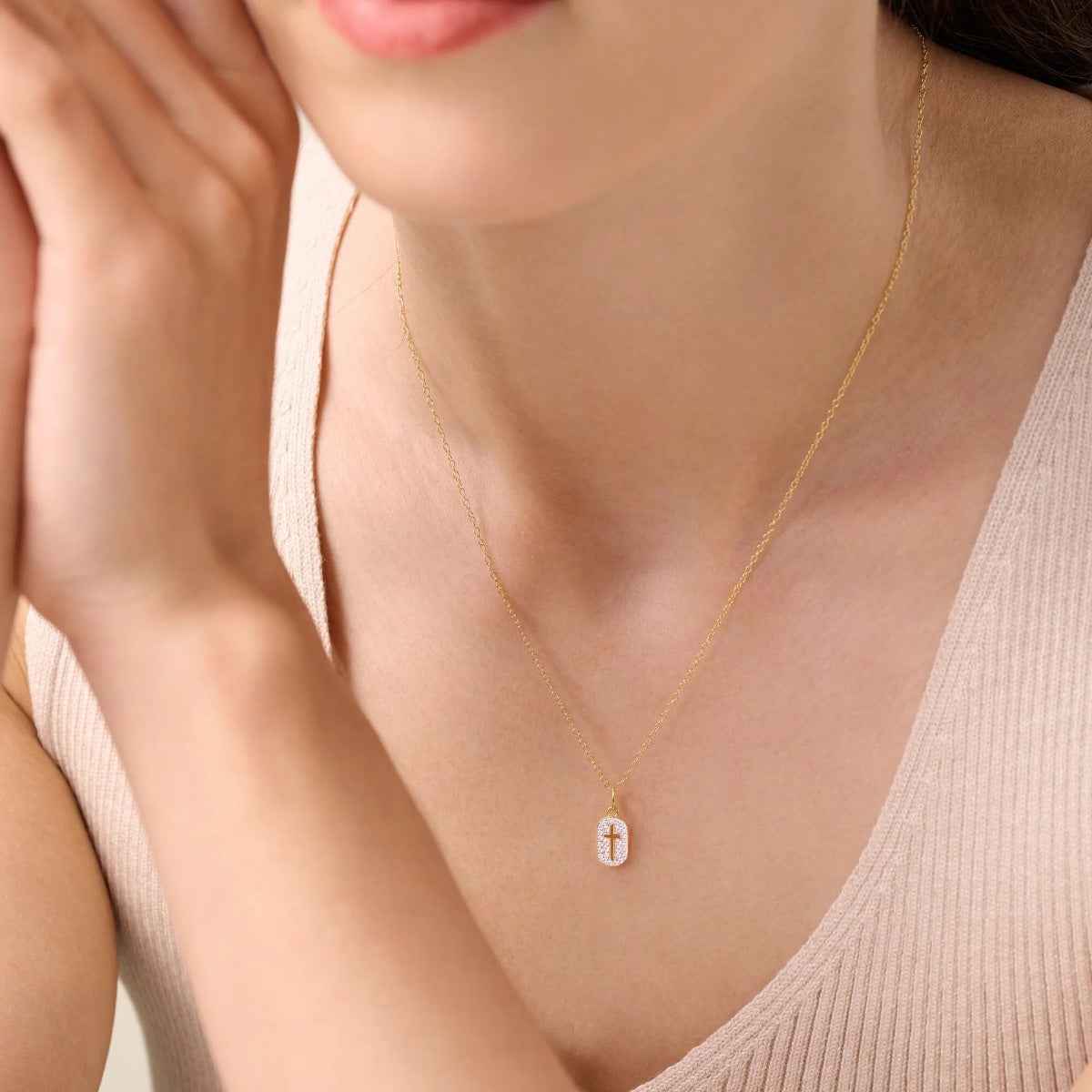 M by Monte Luna 1/6 ct. tw. Lab-Grown Diamond Cross Dog Tag Pendant in 14K Yellow Gold Plated Sterling Silver front view