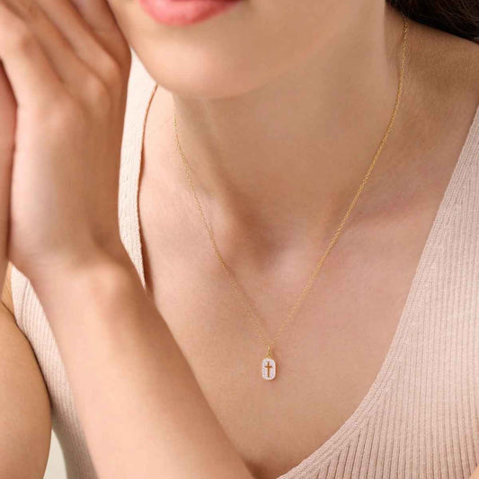 M by Monte Luna 1/6 ct. tw. Lab-Grown Diamond Cross Dog Tag Pendant in 14K Yellow Gold Plated Sterling Silver front view