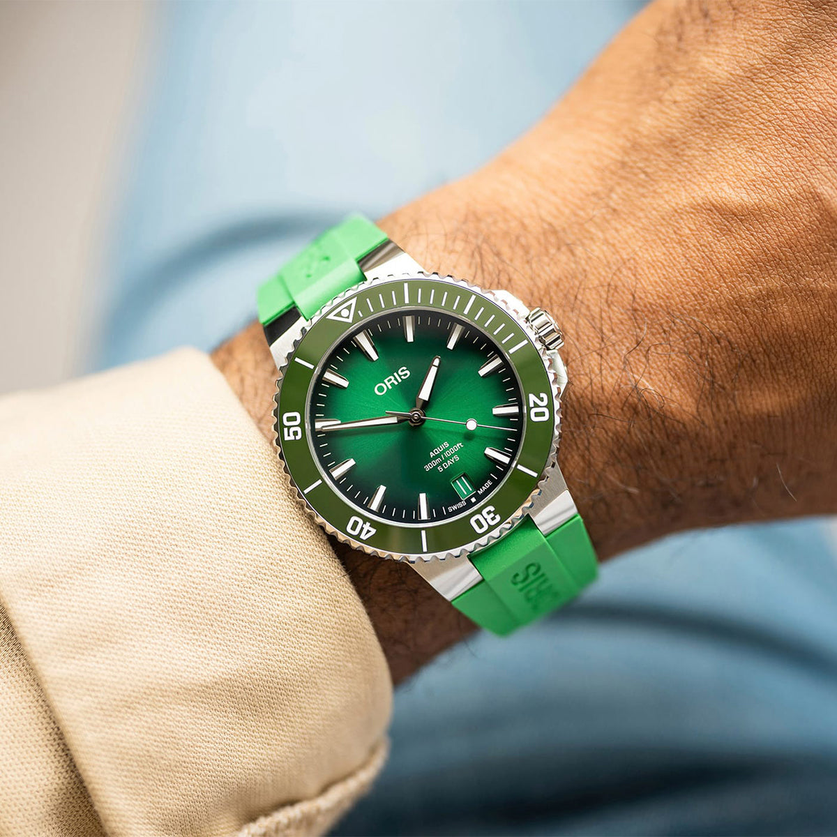 green dial rubber strap automatic aquis oris watch