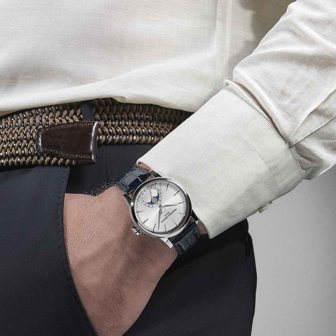 Frederique Constant Automatic Stainless Steel Watch with Silver Dial & Navy Leather Strap