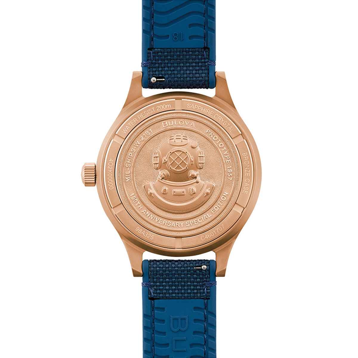 Bulova Men's MIL Ships Automatic Bronze Watch with Blue Dial & Nylon Strap front view