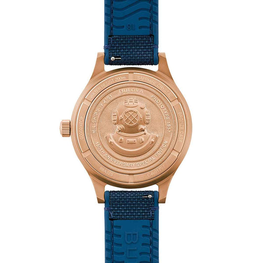 Bulova Men's MIL Ships Automatic Bronze Watch with Blue Dial & Nylon Strap front view