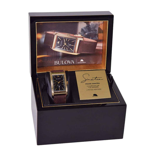 Bulova Men's Frank Sinatra Automatic Gold-Tone Stainless Steel Watch with Black Dial & Brown Leather Strap front view