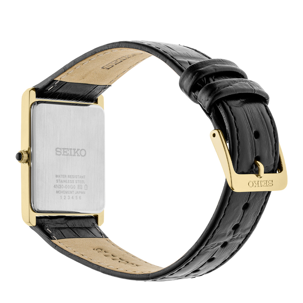 Seiko watch with rectangular gold-tone stainless steel case, white dial, black leather strap and Roman numeral markers