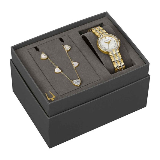 Bulova Ladies' Crystal Collection Quartz Gold-Tone Stainless Steel Watch Box Set with Crystal Accent Heart side profile