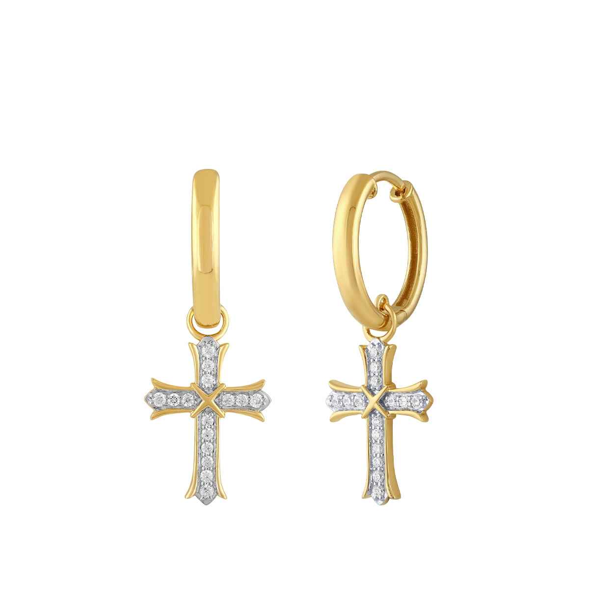 Adamante Men's 1/7 ct. tw. Lab-Grown Diamond Cross Drop Hoop Earrings in 10K Yellow Gold