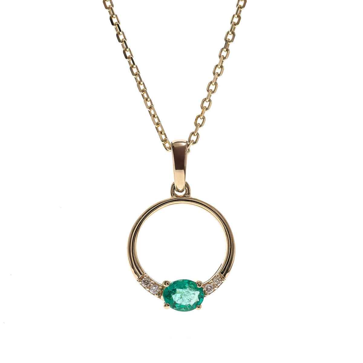Oval Emerald & Diamond Accent Circle Pendant in 10K Yellow Gold
