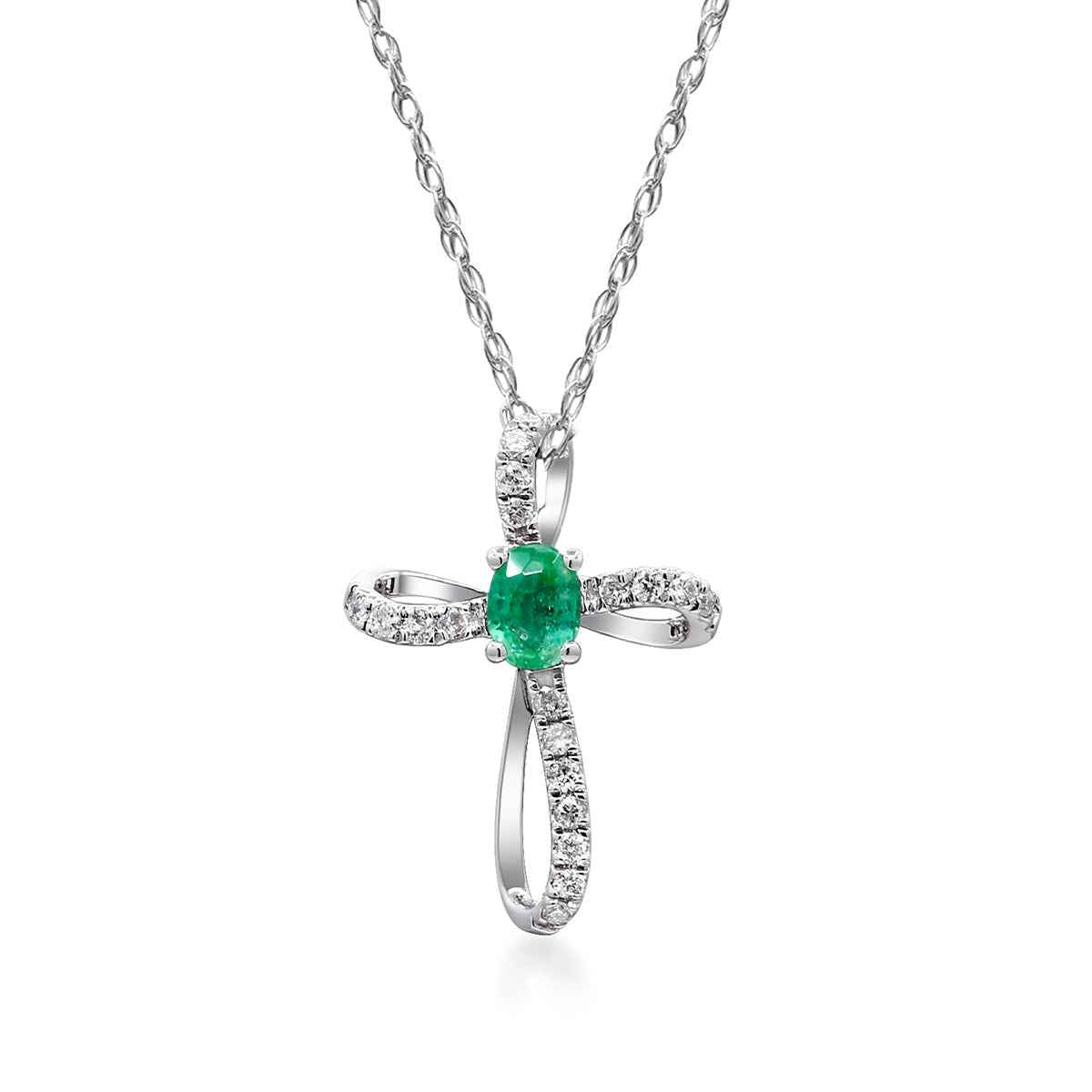 Oval Emerald & Diamond Accent Looped Cross Pendant in 10K White Gold