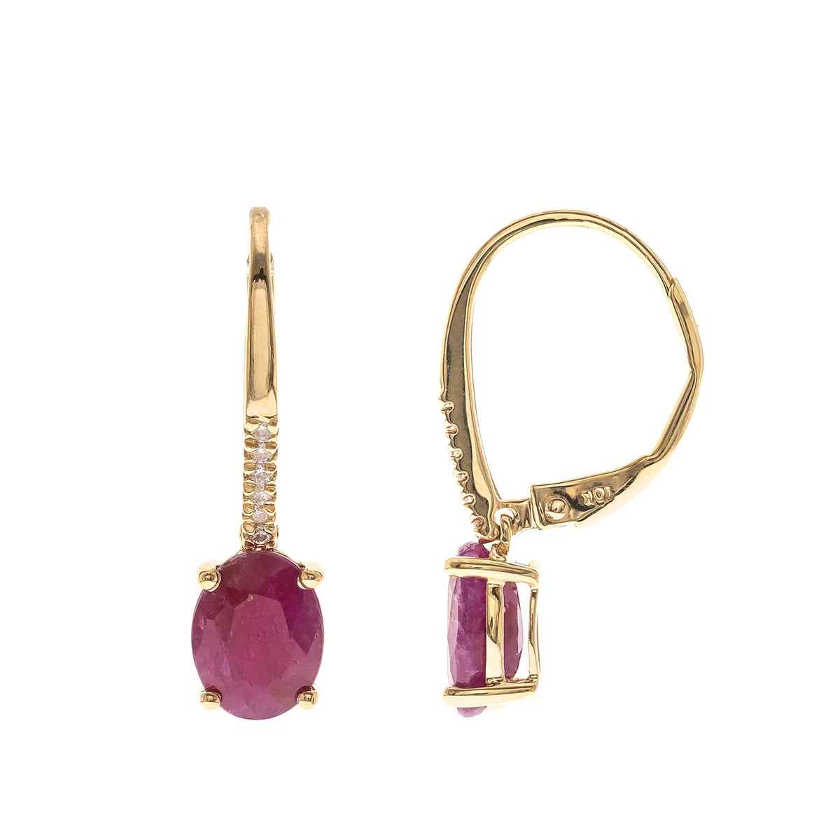 Oval Ruby & diamond Accent Dangle Earrings in 10K Yellow Gold