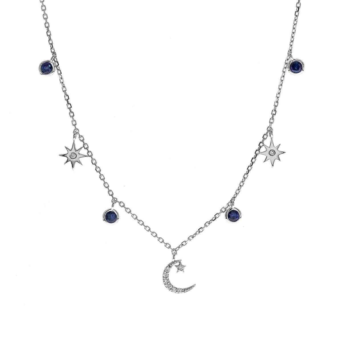 Round Sapphire & Diamond Accent Celestial Station Necklace in 10K White Gold