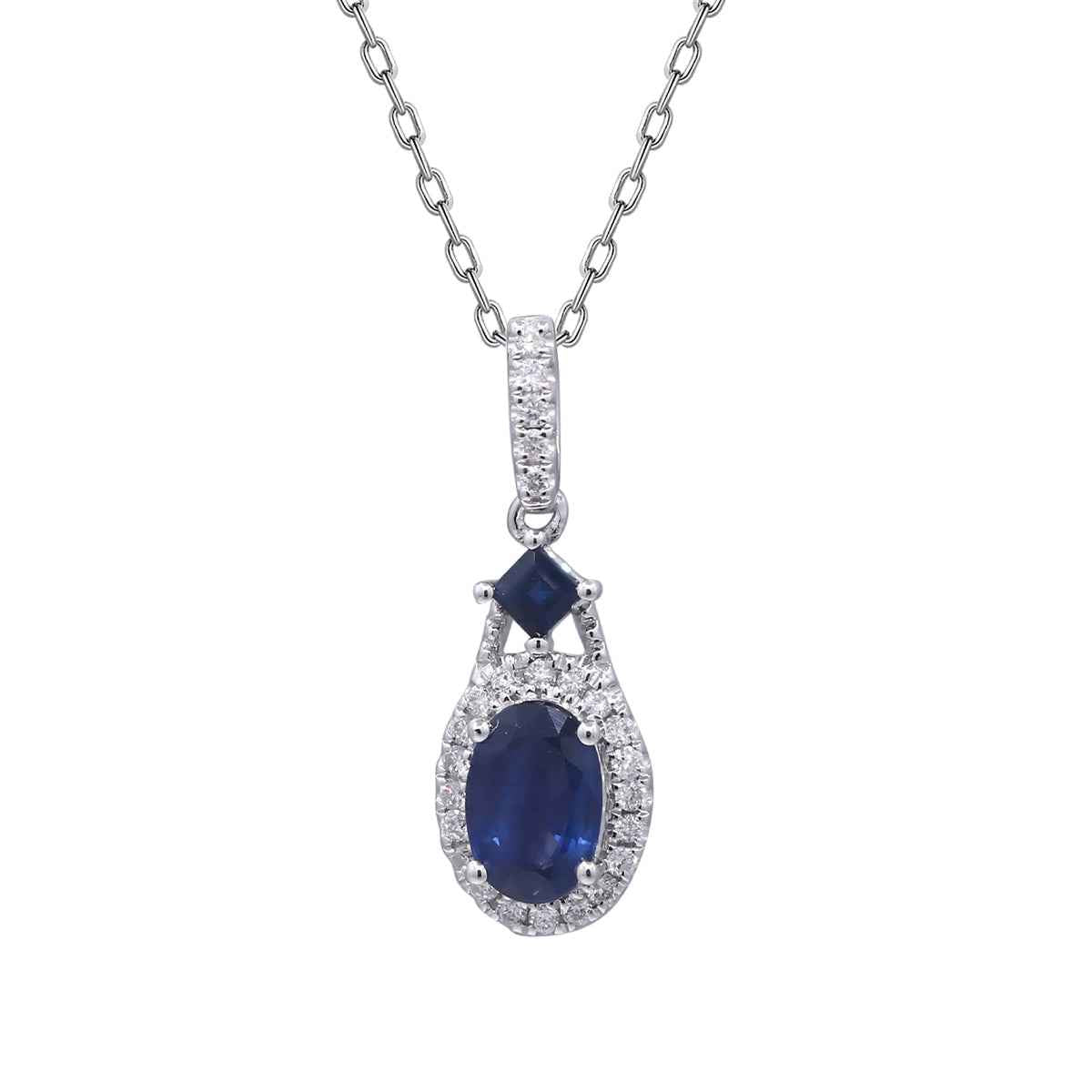 Oval & Princess Cut Sapphire & 1/10 ct. tw. Diamond Halo Pendant in 10K White Gold
