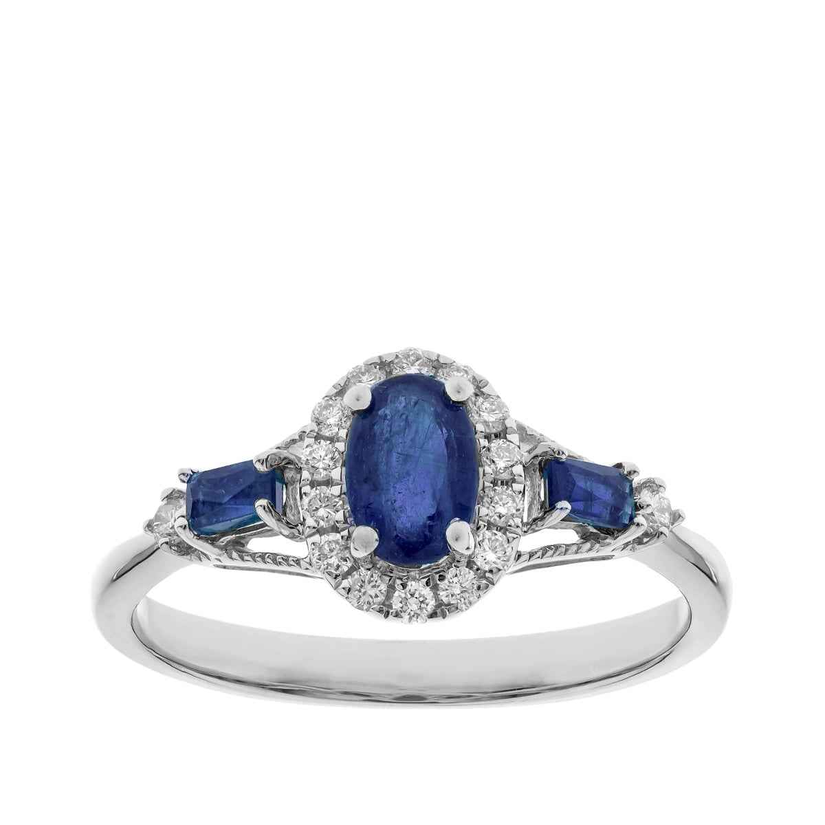 Oval & Baguette Sapphire & 1/7 ct. tw. Diamond Halo Ring in 10K White Gold