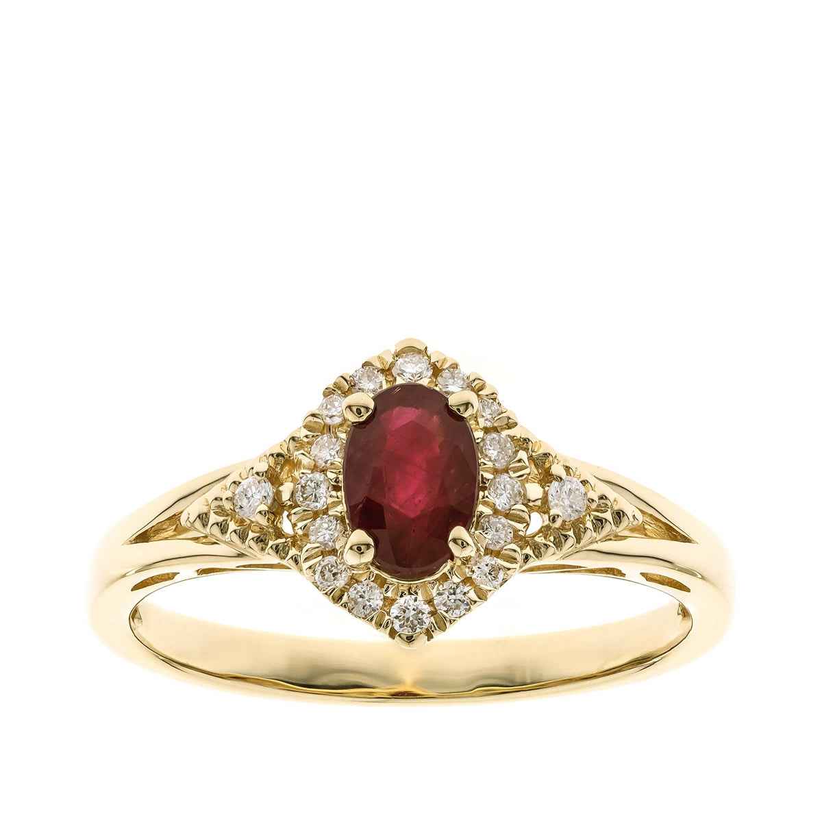 Oval Ruby & 1/8 ct. tw. Diamond Halo Ring in 10K Yellow Gold
