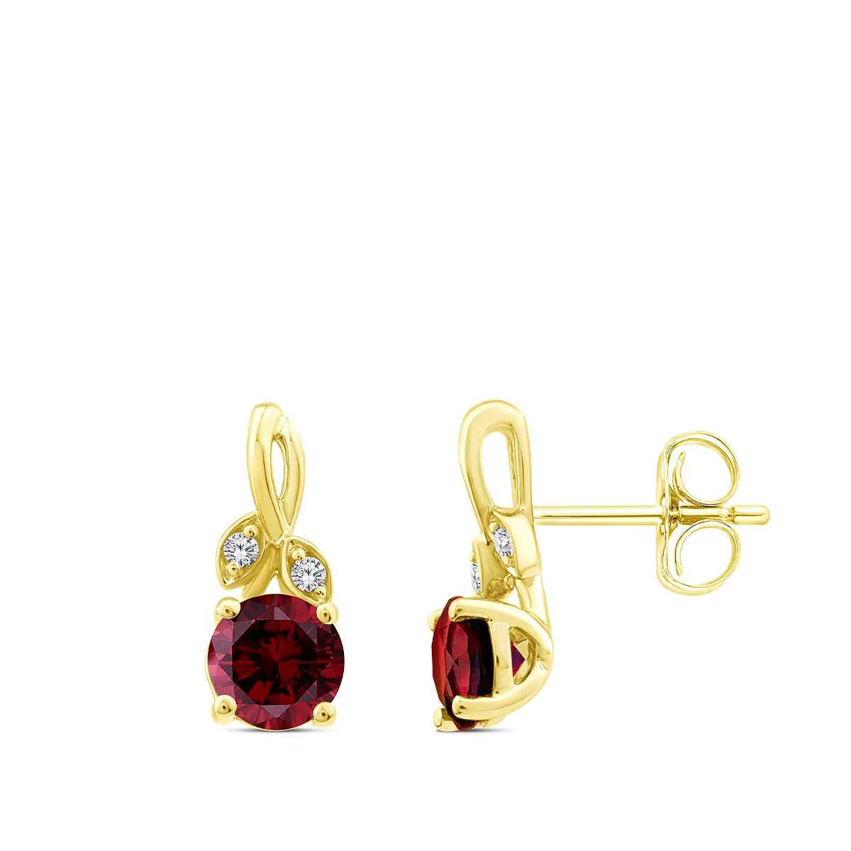 Round Garnet & Diamond Accent Earrings in 10K Yellow Gold