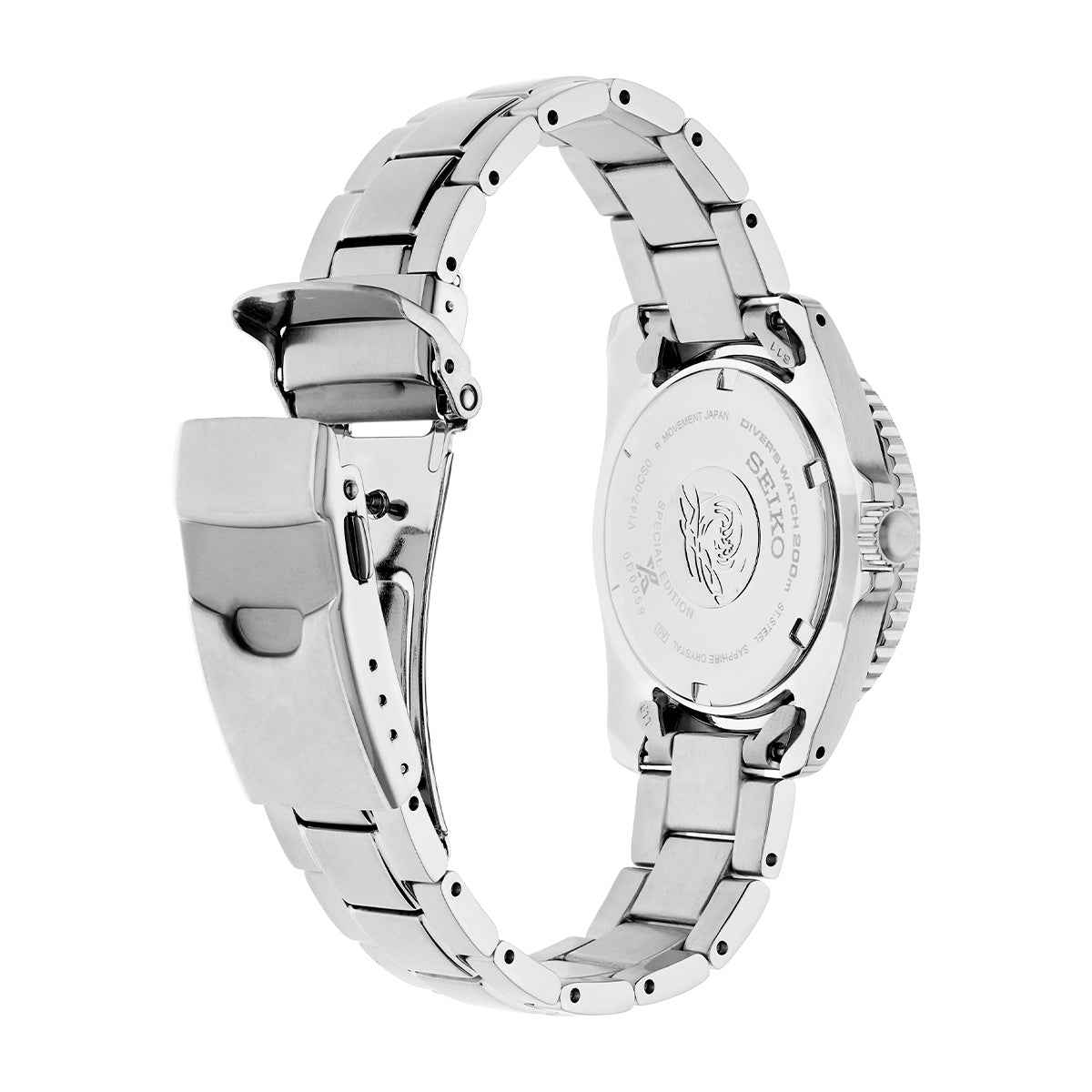 Seiko Men's Diver Solar Stainless Steel Watch with Black Dial close-up detail
