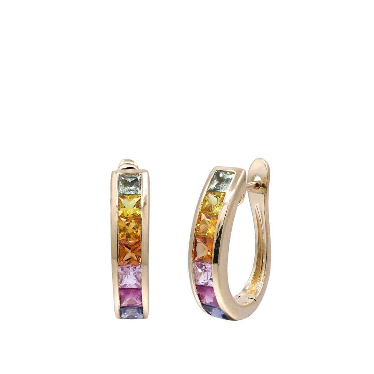 Square Rainbow Sapphire Hoop Earrings in 14K Yellow Gold