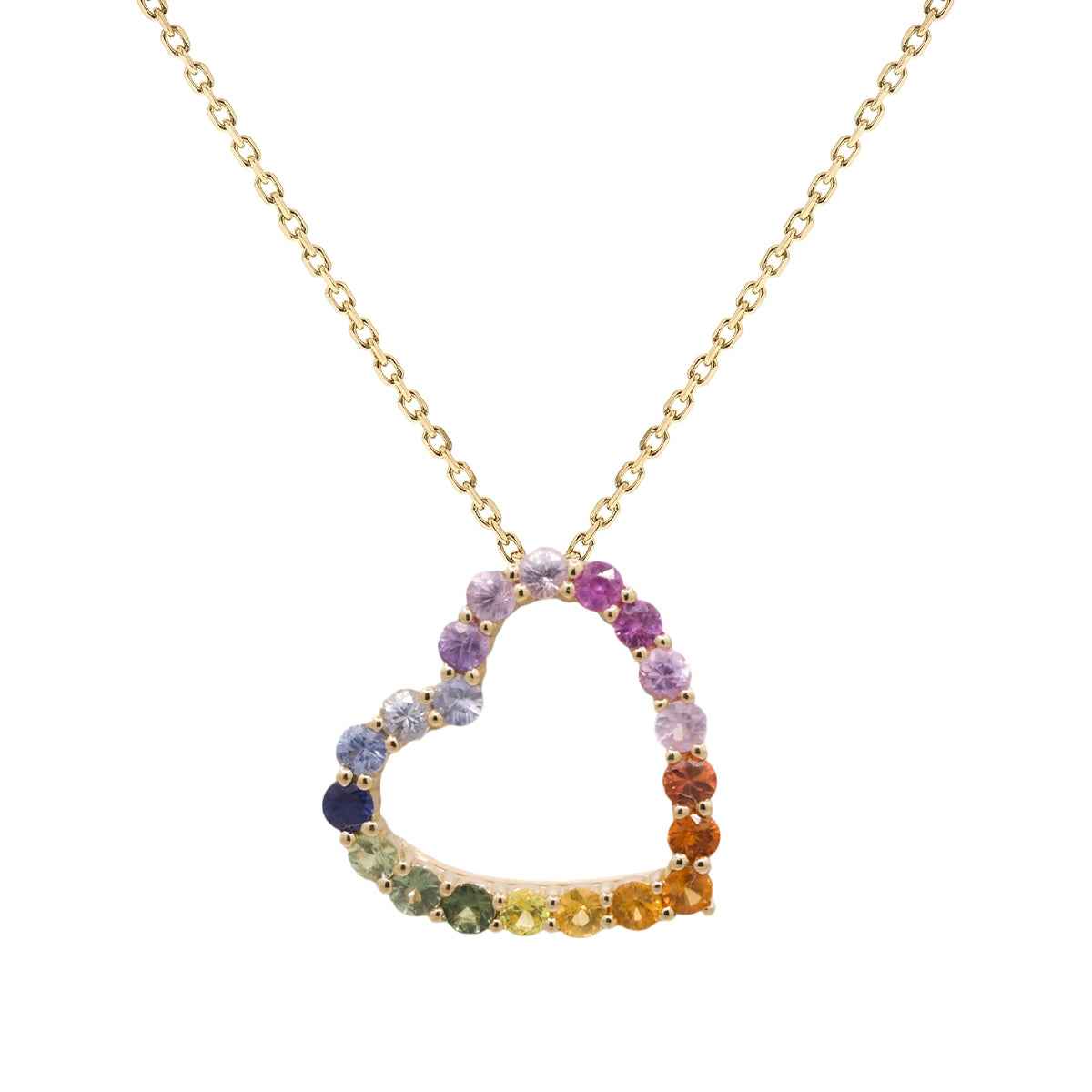 Round Rainbow Sapphire Heart Pendant in 14K Yellow Gold
