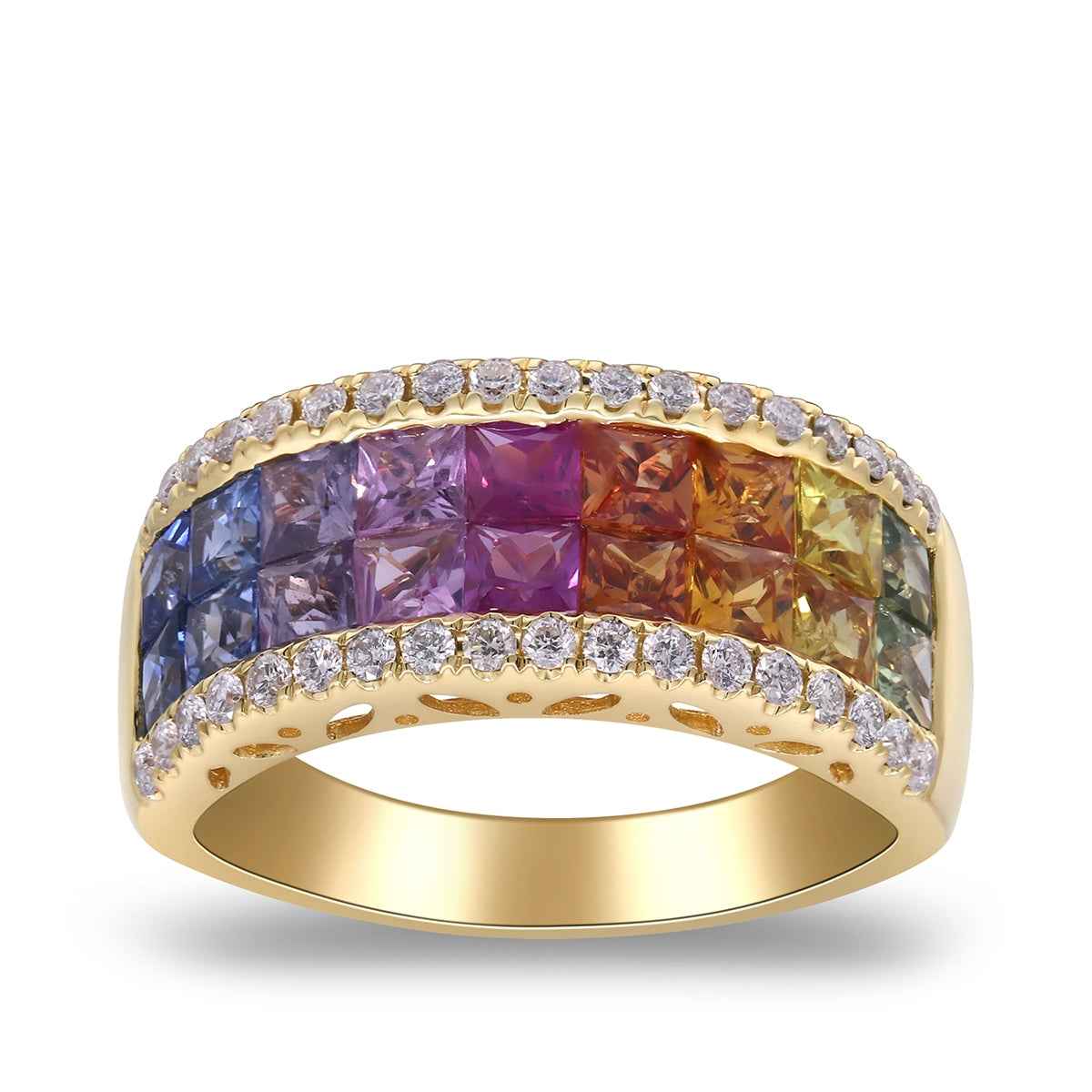 Square Rainbow Sapphire & 1/3 ct. tw. Diamond Ring in 14K Yellow Gold
