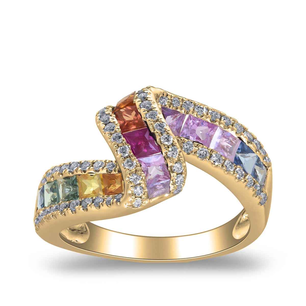 Square Rainbow Sapphire & 3/8 ct. tw. Diamond Wave Ring in 14K Yellow Gold