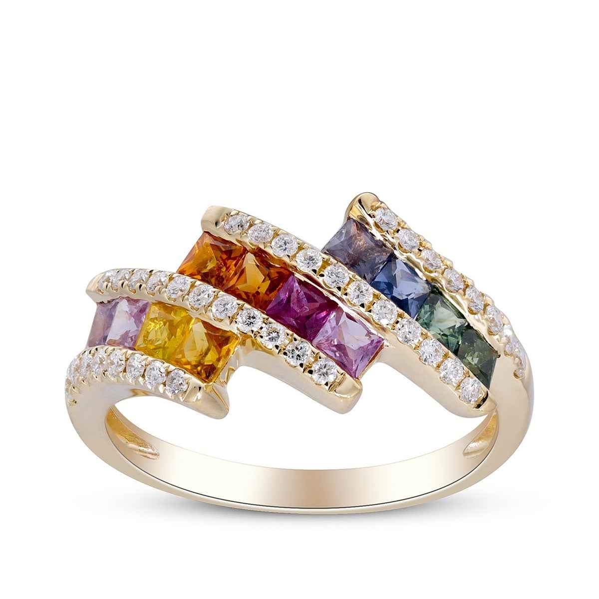 Square Rainbow Sapphire & 1/4 ct. tw. Diamond Ring in 14K Yellow Gold