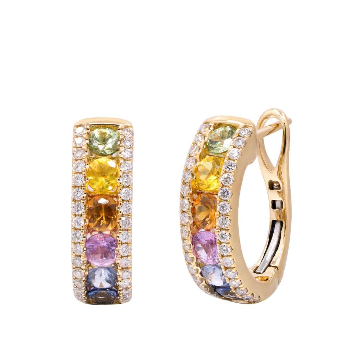 Round Rainbow Sapphire & 1/3 ct. tw. Diamond Hoop Earrings in 14K Yellow Gold
