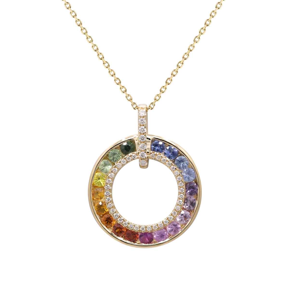 Rainbow Sapphire & 1/5 ct. tw. Diamond Circle Pendant in 14K Yellow Gold