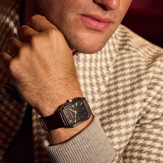 Bulova Men's We Are All Here Quartz Gold-Tone Stainless Steel Watch with Black Dial & Brown Leather Strap