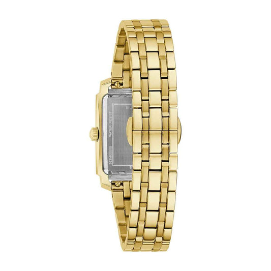 Bulova Ladies' Sutton Quartz Gold-Tone Stainless Steel Watch with White Dial close-up detail