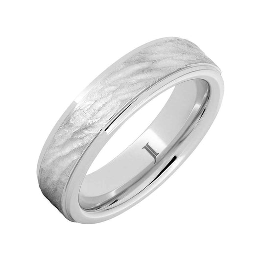 Men's Tree Bark Finish Polished Edge Wedding Ring in Serinium front view