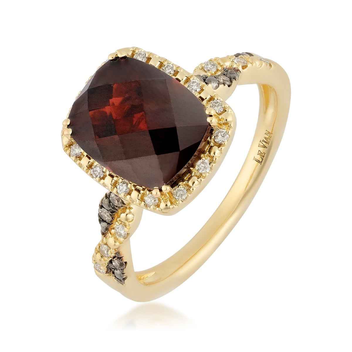 Le Vian Cushion Garnet & 1/7 ct. tw. Chocolate & Nude Diamond Halo Ring in 14K Honey Gold front view