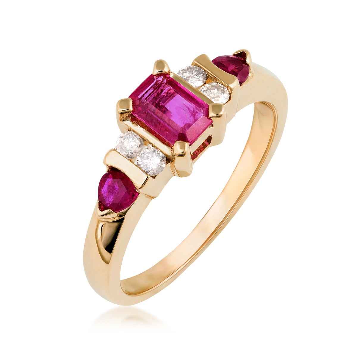 Emerald Cut & Round Ruby & 1/7 ct. tw. Diamond Ring in 14K Pink Gold front view