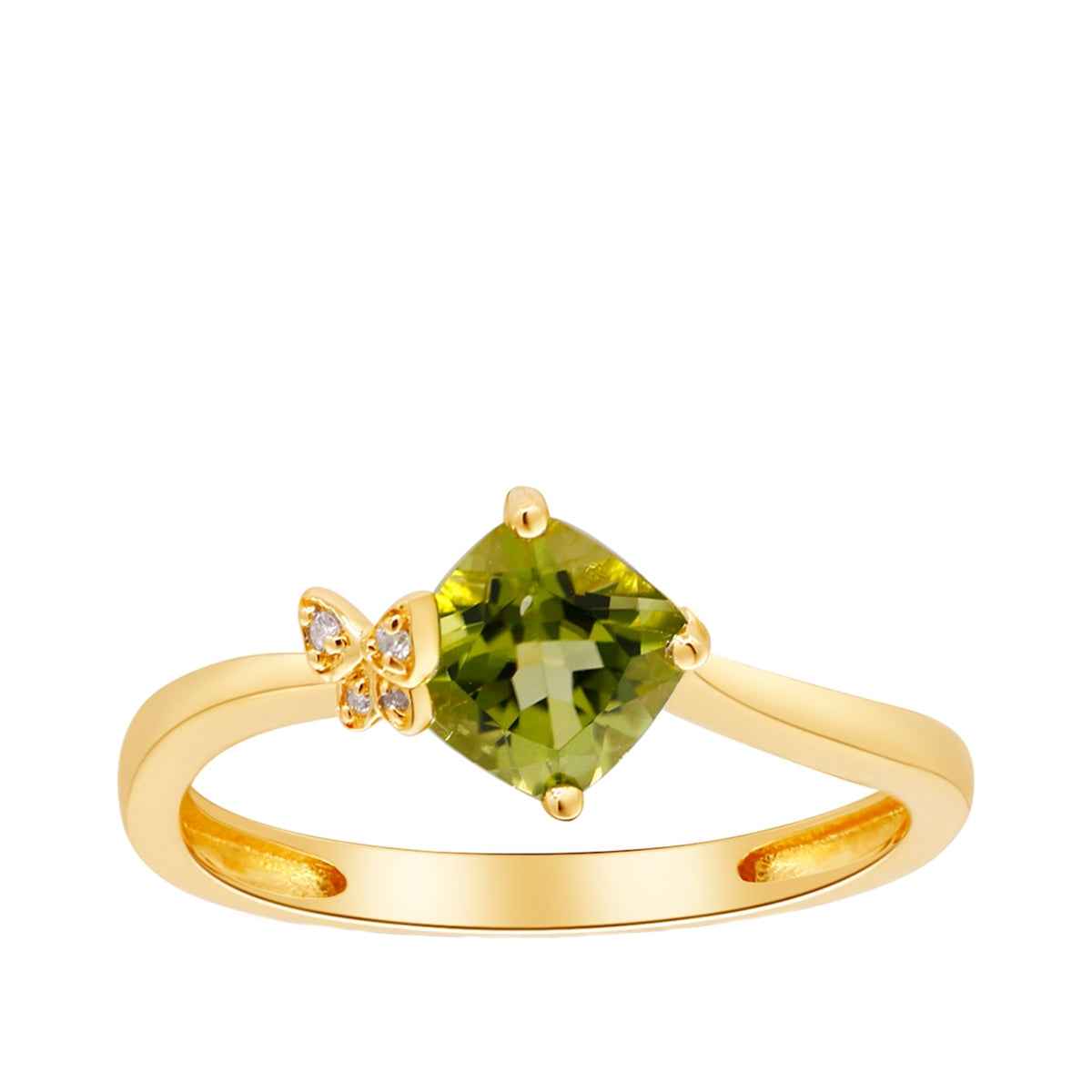 Cushion Peridot & Diamond Accent Butterfly Ring in 10K Yellow Gold