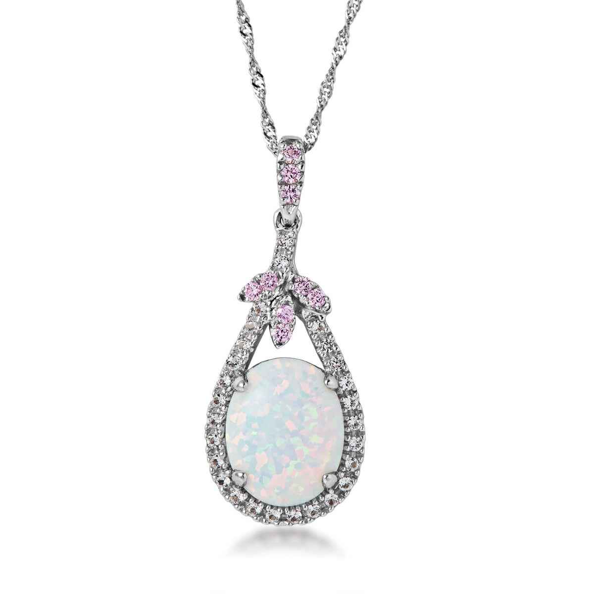 Created Oval Opal & Created White & Pink Sapphire Pendant in Sterling Silver
