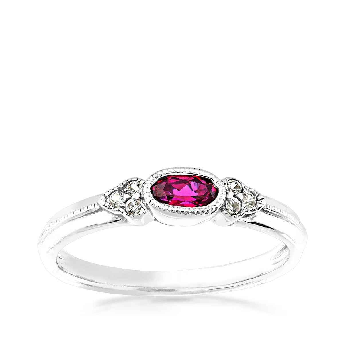 Created Oval Ruby & Created White Sapphire Milgrain Halo Stackable Ring in Sterling Silver