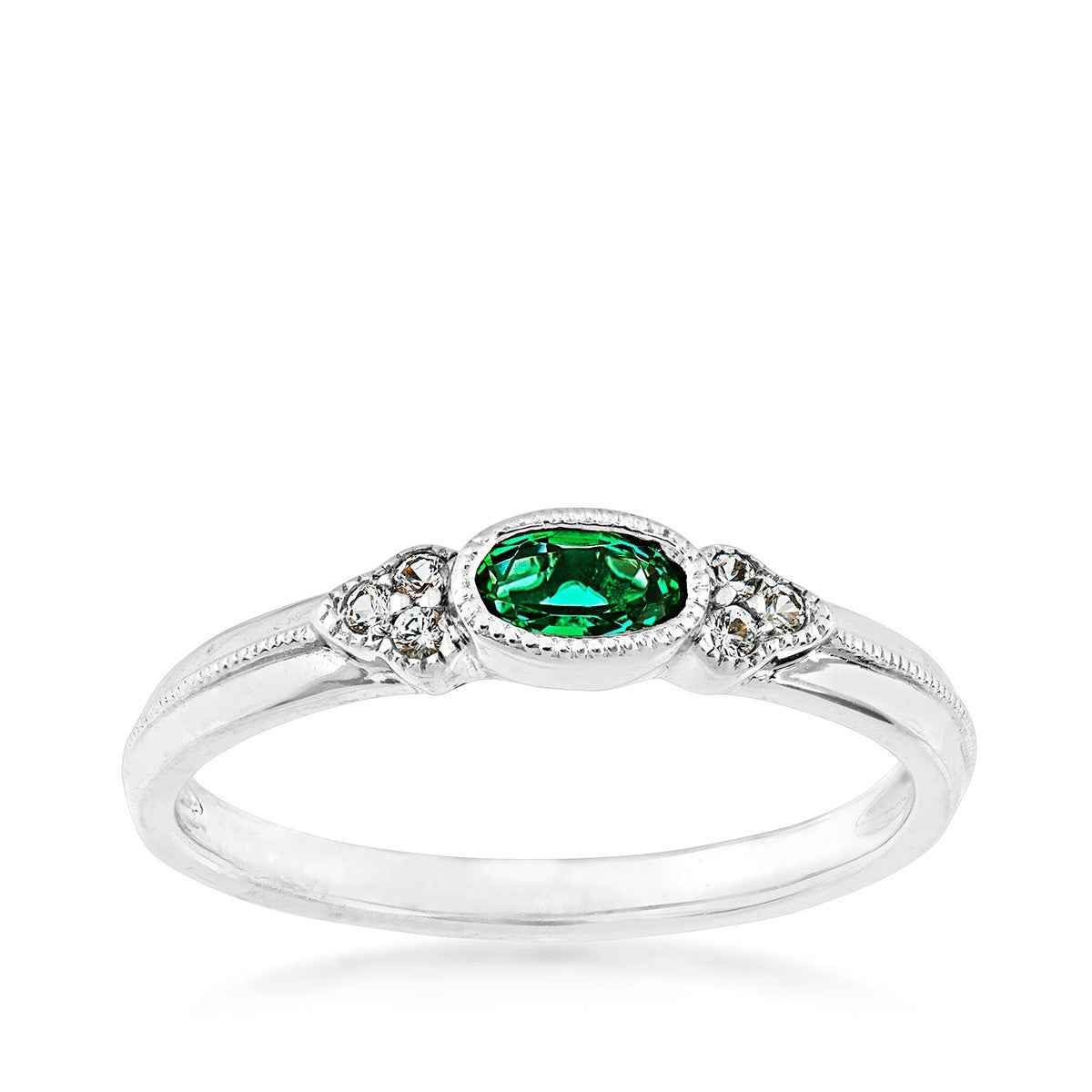 Created Oval Emerald & White Sapphire Milgrain Halo Stackable Ring in Sterling Silver