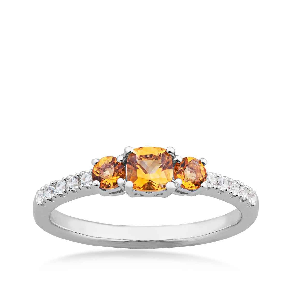 Cushion Citrine & White Sapphire 3-Stone Stackable Ring in Sterling Silver