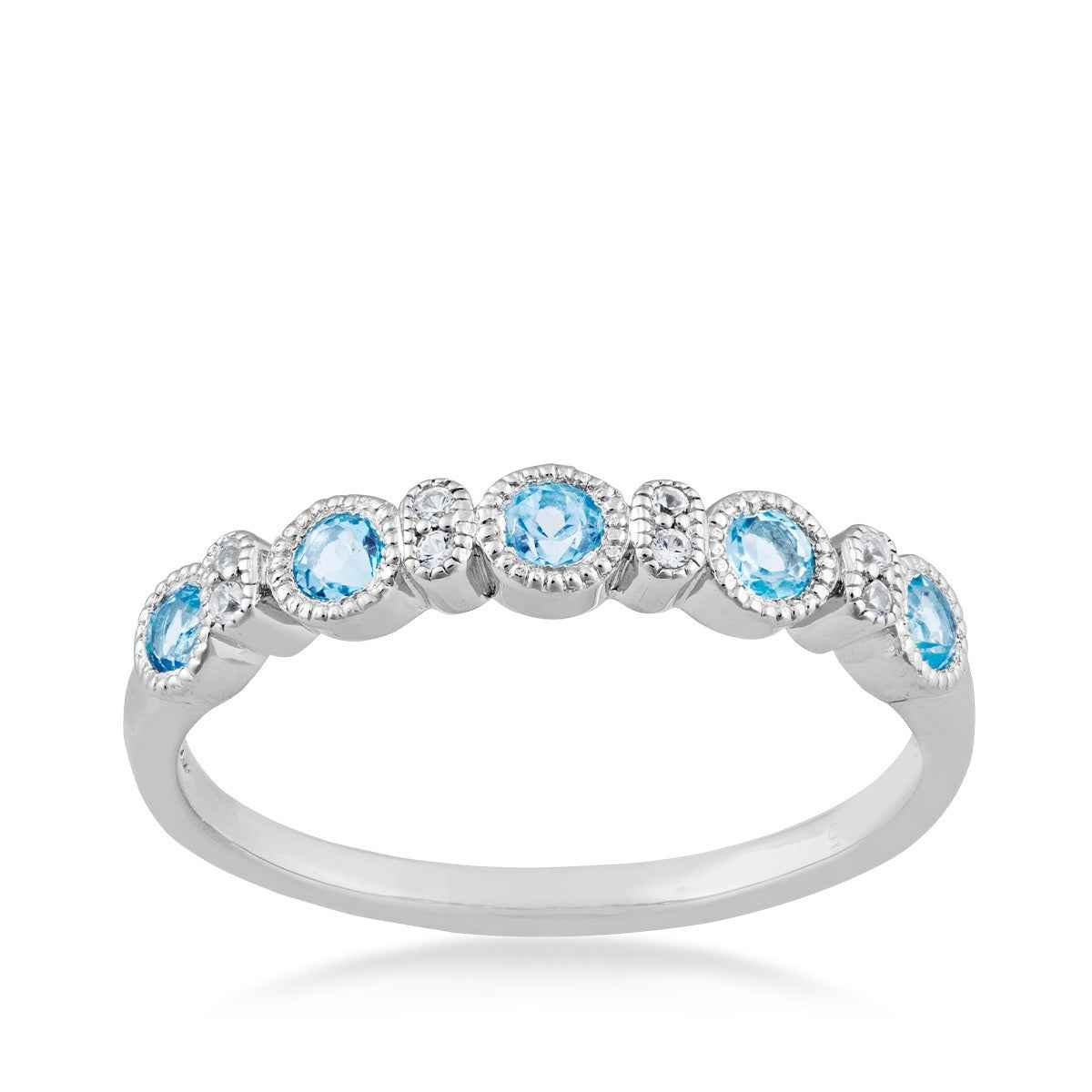 Swiss Blue Topaz & Created White Sapphire Milgrain Stackable Ring in Sterling Silver