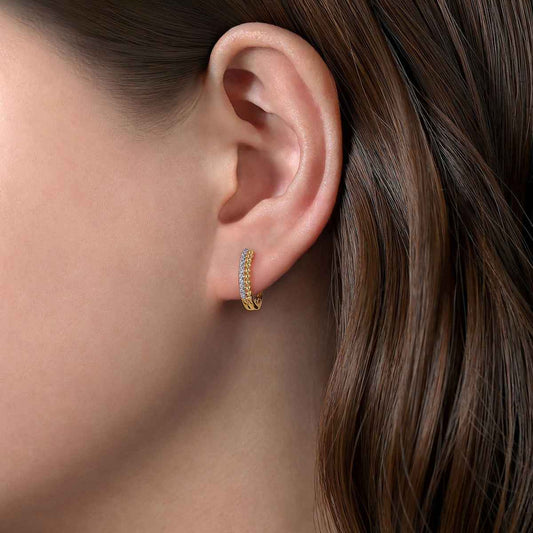 Gabriel & Co. 1/10 ct. tw. Diamond Bujukan Huggie Hoop Earrings in 14K Yellow Gold close-up detail