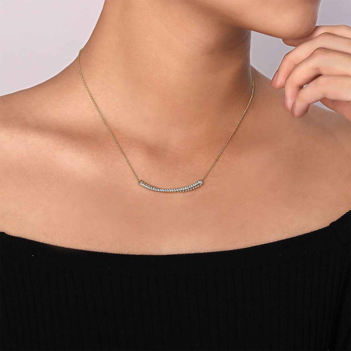 Gabriel & Co. 1/3 ct. tw. Diamond Bujukan Curved Bar Necklace in 14K Yellow & White Gold close-up detail