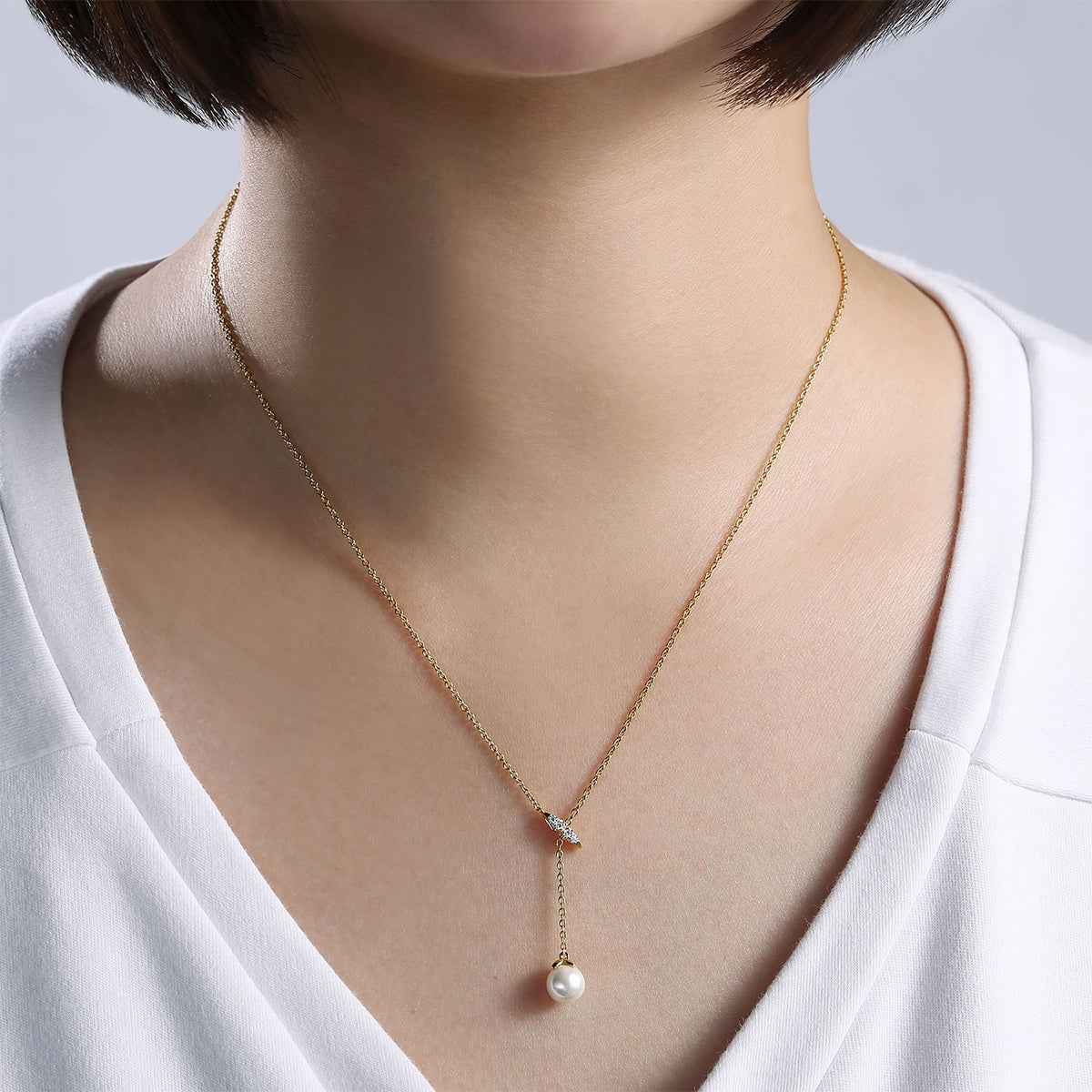 Gabriel & Co. Diamond Accent & Cultured Pearl Y Necklace in 14K Yellow Gold close-up detail