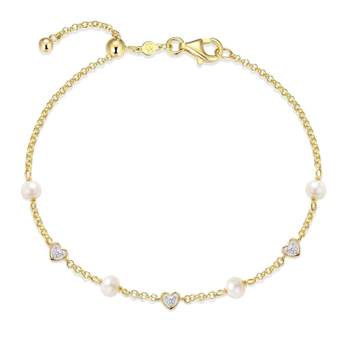 M by Monte Luna Lab-Grown Diamond Accent Heart & Genuine Pearl Bracelet in 14K Yellow Gold Plated Sterling Silver