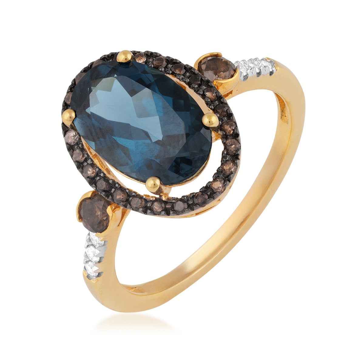 Oval London Blue Topaz & Smokey Quartz Halo & Diamond Accent Ring in 10K Yellow Gold front view (2)