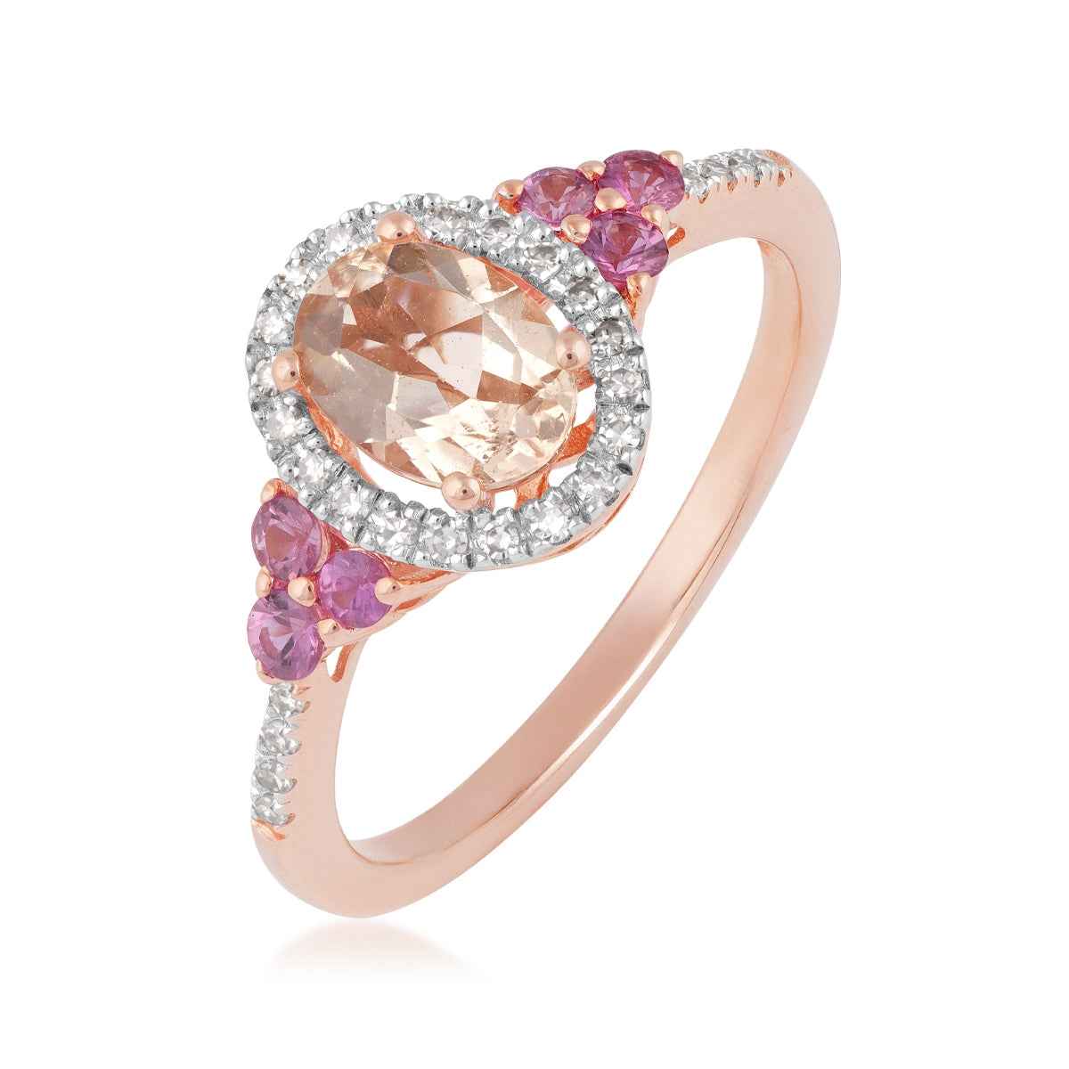 Oval Morganite & Pink Sapphire & 1/6 ct. tw. Diamond Halo Ring in 10K Pink Gold front view