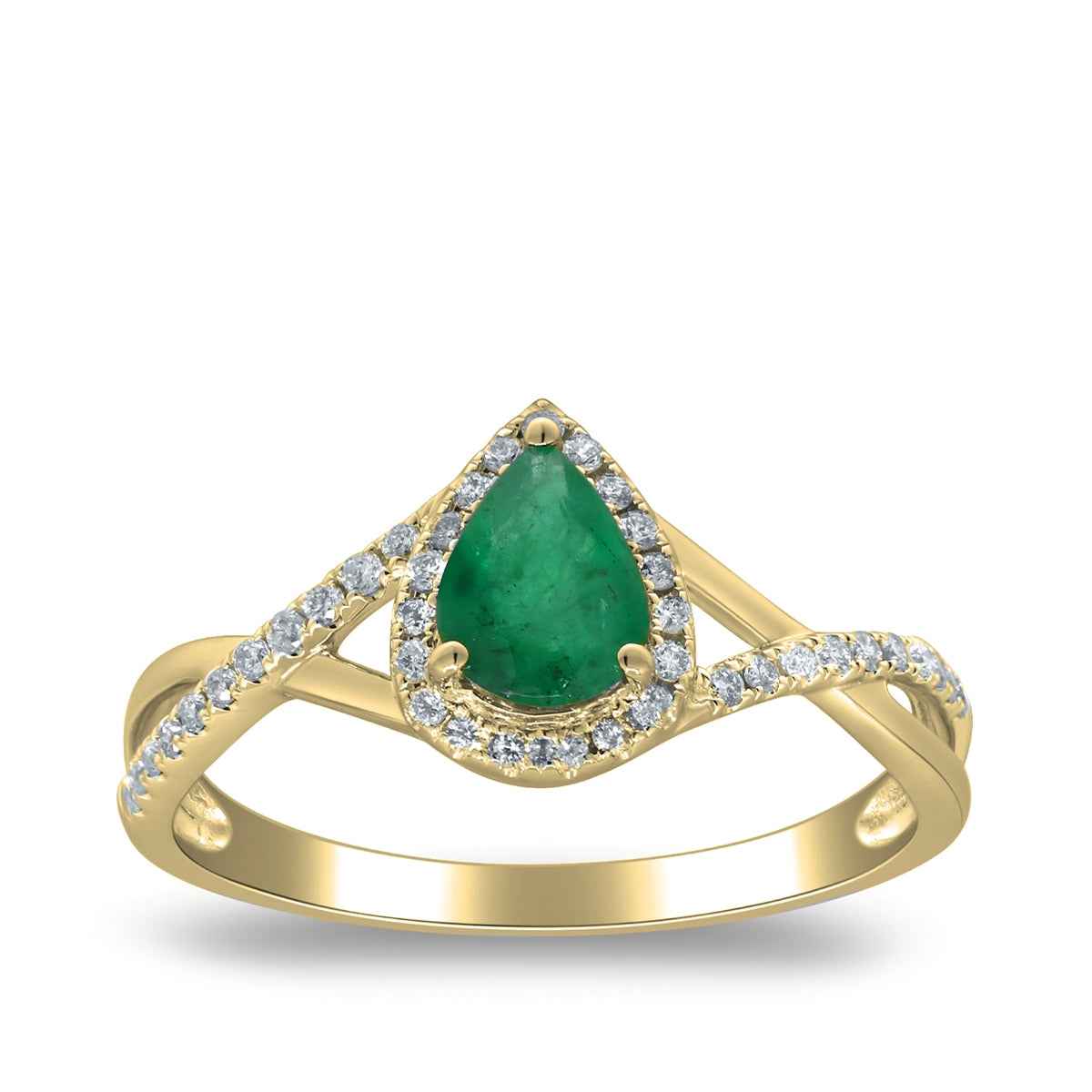 Pear Emerald & 1/10 ct. tw. Diamond Halo Split Shank Ring in 10K Yellow Gold