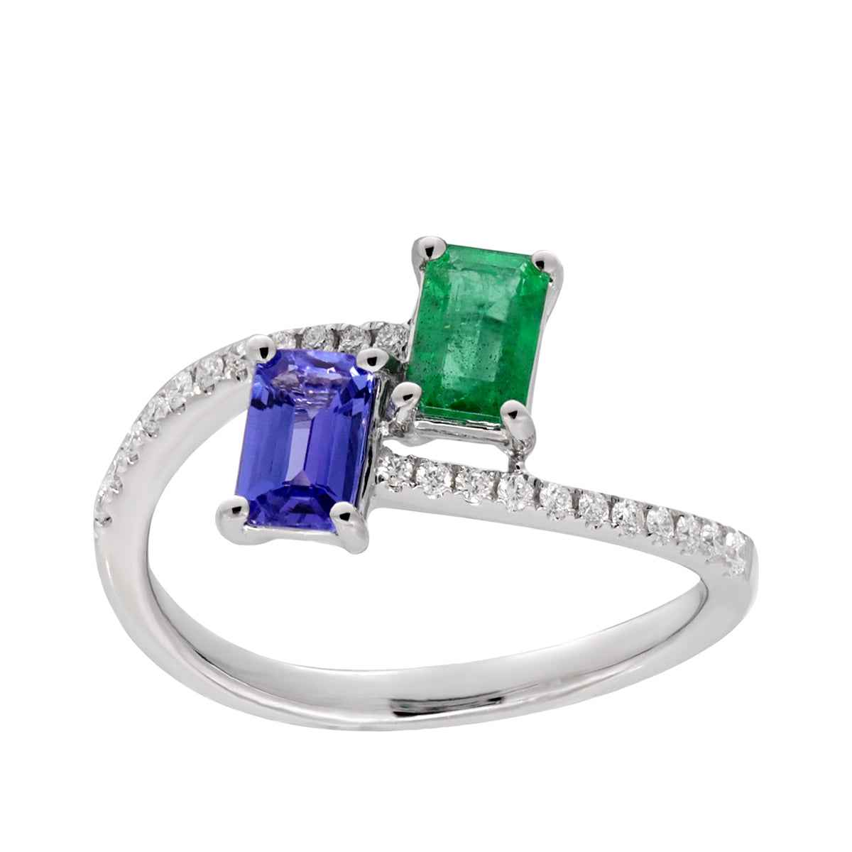 Emerald Cut Tanzanite & Emerald & 1/6 ct. tw. Diamond Bypass Ring in 10K White Gold