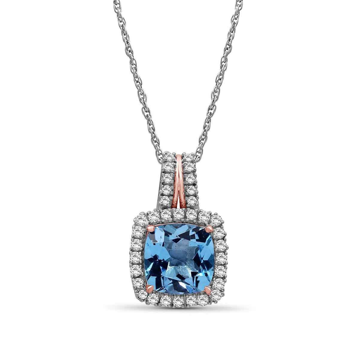 Cushion Swiss Blue & White Topaz Halo Pendant in Sterling Silver & 10K Pink Gold